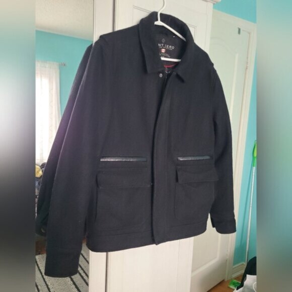 POINT ZERO Black Wool Pocket Mid Length Collar Full Zip Overcoat Jacket Small - Picture 7 of 11